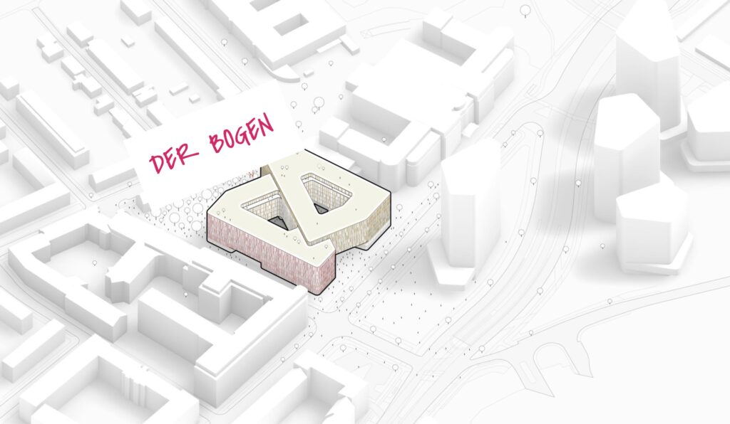 Weiße 3D-Ansicht die Bürogebäude für Giesecke & Devrient in gehighlighteten Farben anzeigt