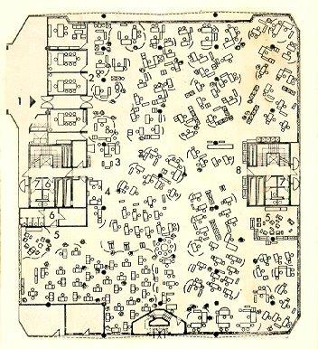 Vergilbte alte Skizze einer Großraumbürofläche mit zahlreichen Einzeltischen die eng beieinander stehen