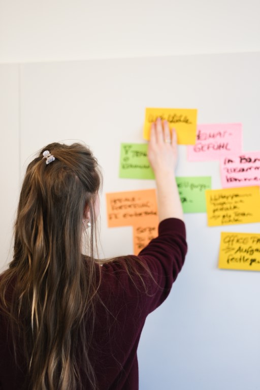 Eine Person mit langen Haaren wird von hinten gezeigt, wie sie Post its an einer Wand anbringt