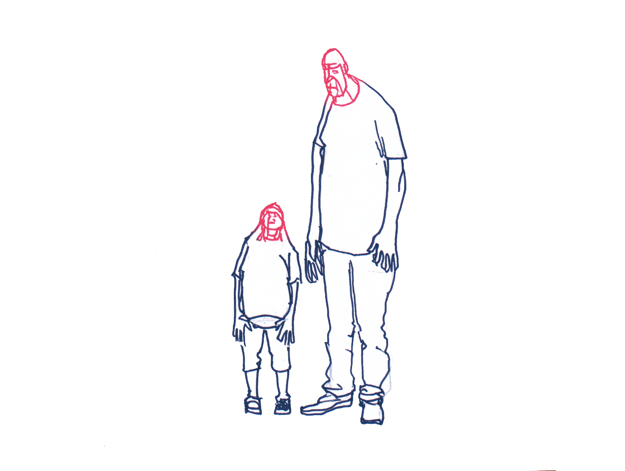 Zeichnung einer großen Person, die eine kleine Person an der Hand hält