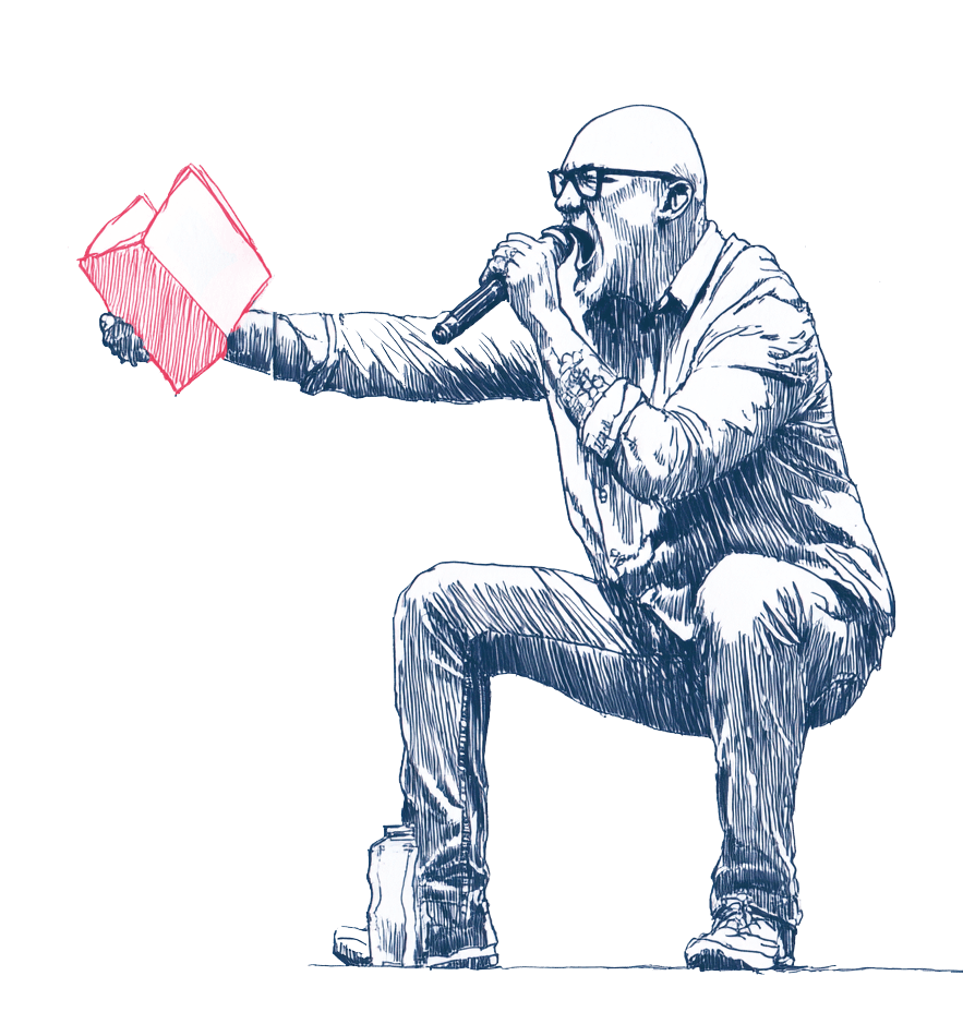 Zeichnung eines leidenschaftlich in ein Mikrofon sprechenden Mannes